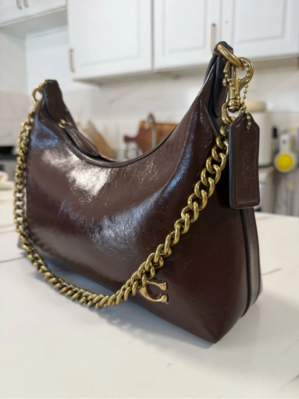 Leather Shoulder Bag with Gold Chain - Dark Brown
